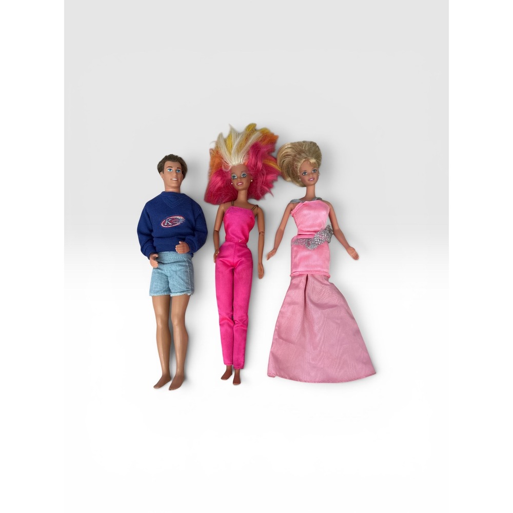 Mattel Barbie and Ken Doll Lot 3pc Vintage 1976 Head Mold Neon Hair Pink Gown